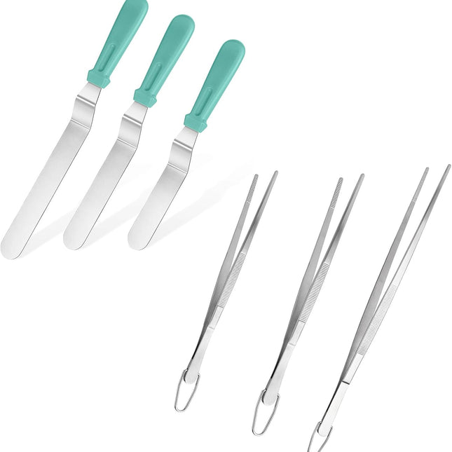 Icing Spatula,  Stainless Steel Angled Cake Decorating Frosting Spatula Set of 3 (Aqua Sky), and 8"+10"+12" Kitchen Cooking Tweezer: 18/8 Stainless Steel Metal Food Tong (Pointed Tip).