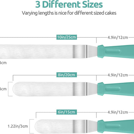 Icing Spatula,  Stainless Steel Angled Cake Decorating Frosting Spatula Set of 3 (Aqua Sky), and 8"+10"+12" Kitchen Cooking Tweezer: 18/8 Stainless Steel Metal Food Tong (Pointed Tip).