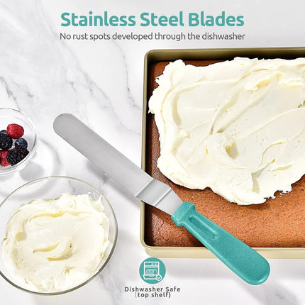 Icing Spatula,  Stainless Steel Angled Cake Decorating Frosting Spatula Set of 3 (Aqua Sky), and 8"+10"+12" Kitchen Cooking Tweezer: 18/8 Stainless Steel Metal Food Tong (Pointed Tip).