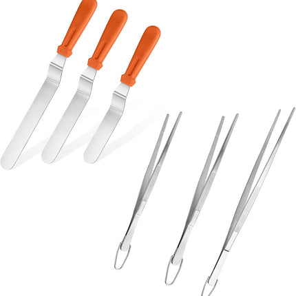 Icing Spatula,  Stainless Steel Angled Cake Decorating Frosting Spatula Set of 3 (Orange), and 8"+10"+12" Kitchen Cooking Tweezer: 18/8 Stainless Steel Metal Food Tong (Pointed Tip).