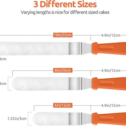 Icing Spatula,  Stainless Steel Angled Cake Decorating Frosting Spatula Set of 3 (Orange), and 8"+10"+12" Kitchen Cooking Tweezer: 18/8 Stainless Steel Metal Food Tong (Pointed Tip).