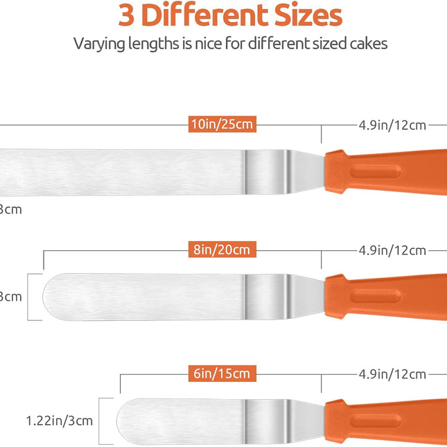Icing Spatula,  Stainless Steel Angled Cake Decorating Frosting Spatula Set of 3 (Orange), and 8"+10"+12" Kitchen Cooking Tweezer: 18/8 Stainless Steel Metal Food Tong (Pointed Tip).