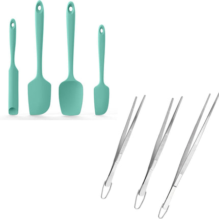 600ºF Heat Resistant Silicone Spatulas: Kitchen Cooking Mixing Utensils (4PCS, Aqua Sky) and 8"+10"+12" Kitchen Cooking Tweezer: 18/8 Stainless Steel Food-Grade Metal Food Tong (Pointed Tip).