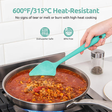 600ºF Heat Resistant Silicone Spatulas: Kitchen Cooking Mixing Utensils (4PCS, Aqua Sky) and 8"+10"+12" Kitchen Cooking Tweezer: 18/8 Stainless Steel Food-Grade Metal Food Tong (Pointed Tip).