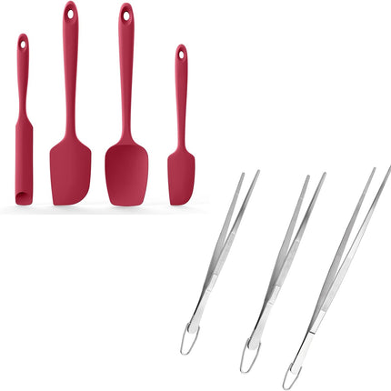 600ºF Heat Resistant Silicone Spatulas: Kitchen Cooking Mixing Utensils (4PCS, Red) and 8"+10"+12" Kitchen Cooking Tweezer: 18/8 Stainless Steel Food-Grade Metal Food Tong (Pointed Tip).