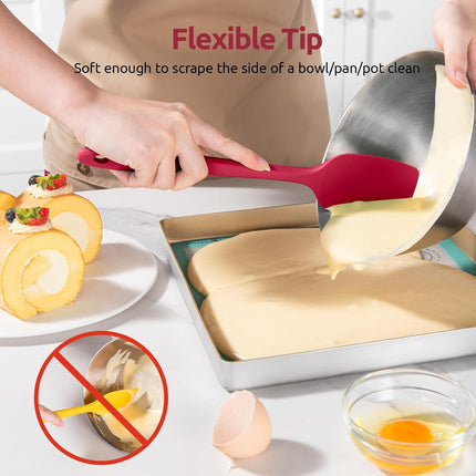600ºF Heat Resistant Silicone Spatulas: Kitchen Cooking Mixing Utensils (4PCS, Red) and 8"+10"+12" Kitchen Cooking Tweezer: 18/8 Stainless Steel Food-Grade Metal Food Tong (Pointed Tip).