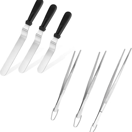Icing Spatula,  Stainless Steel Angled Cake Decorating Frosting Spatula Set of 3 (Black), and 8"+10"+12" Kitchen Cooking Tweezer: 18/8 Stainless Steel Metal Food Tong (Pointed Tip).