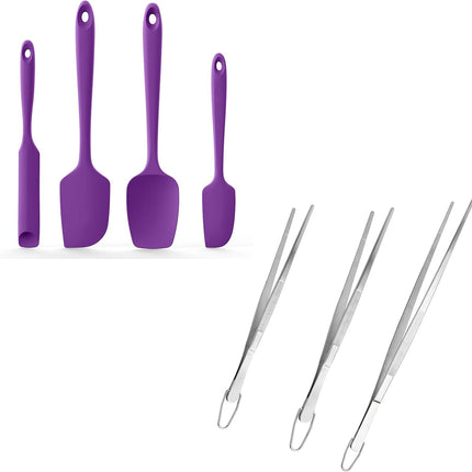 600ºF Heat Resistant Silicone Spatulas: Kitchen Cooking Mixing Utensils (4PCS, Purple) and 8"+10"+12" Kitchen Cooking Tweezer: 18/8 Stainless Steel Food-Grade Metal Food Tong (Pointed Tip).