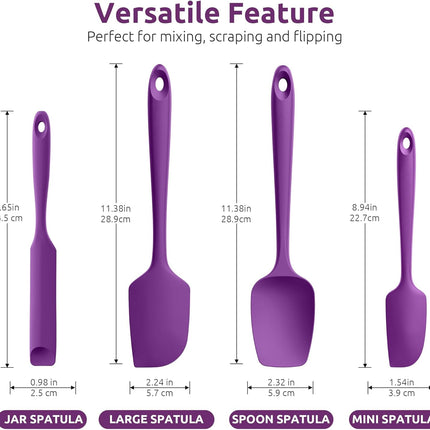 600ºF Heat Resistant Silicone Spatulas: Kitchen Cooking Mixing Utensils (4PCS, Purple) and 8"+10"+12" Kitchen Cooking Tweezer: 18/8 Stainless Steel Food-Grade Metal Food Tong (Pointed Tip).