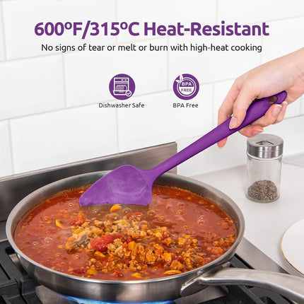 600ºF Heat Resistant Silicone Spatulas: Kitchen Cooking Mixing Utensils (4PCS, Purple) and 8"+10"+12" Kitchen Cooking Tweezer: 18/8 Stainless Steel Food-Grade Metal Food Tong (Pointed Tip).