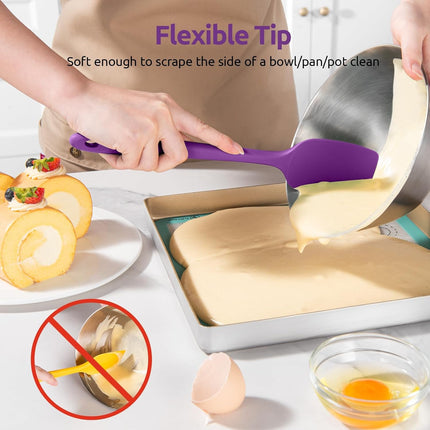 600ºF Heat Resistant Silicone Spatulas: Kitchen Cooking Mixing Utensils (4PCS, Purple) and 8"+10"+12" Kitchen Cooking Tweezer: 18/8 Stainless Steel Food-Grade Metal Food Tong (Pointed Tip).