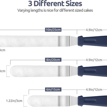 Icing Spatula,  Stainless Steel Angled Cake Decorating Frosting Spatula Set of 3 (Midnight Blue), and 8"+10"+12" Kitchen Cooking Tweezer: 18/8 Stainless Steel Metal Food Tong (Pointed Tip).