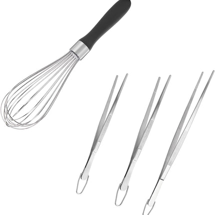 Balloon Whisk for Cooking: 18/10 Stainless Steel Medium Kitchen Wire Whisk (Black) and 8"+10"+12" Kitchen Tweezer: 18/8 Stainless Steel Food-Grade Metal Food Tong (Pointed Tip).