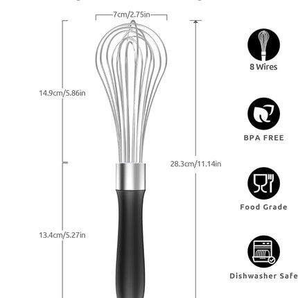 Balloon Whisk for Cooking: 18/10 Stainless Steel Medium Kitchen Wire Whisk (Black) and 8"+10"+12" Kitchen Tweezer: 18/8 Stainless Steel Food-Grade Metal Food Tong (Pointed Tip).