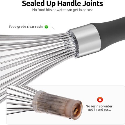 Balloon Whisk for Cooking: 18/10 Stainless Steel Medium Kitchen Wire Whisk (Black) and 8"+10"+12" Kitchen Tweezer: 18/8 Stainless Steel Food-Grade Metal Food Tong (Pointed Tip).