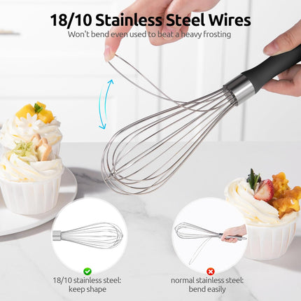 Balloon Whisk for Cooking: 18/10 Stainless Steel Medium Kitchen Wire Whisk (Black) and 8"+10"+12" Kitchen Tweezer: 18/8 Stainless Steel Food-Grade Metal Food Tong (Pointed Tip).