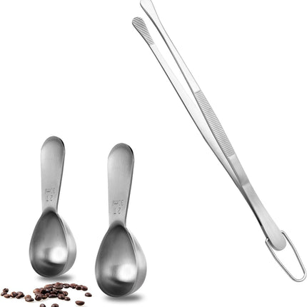 2 Tablespoon Metal Measuring Spoon Set of 2 with Short Handled Measure Scooper (Silver, 2Tbsp/30ml) and 8in Kitchen Plating Tweezer:18/8 Stainless Steel Food-Grade Metal Food Tong (Round Tip).