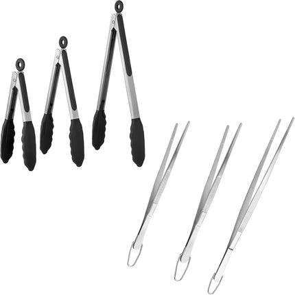 600ºF Heat Resistant 7/9/12 inches Silicone Cooking Tongs with Non Stick Rubber Tips (Black) and 8"+10"+12" Kitchen Tweezer Set: 18/8 Stainless Steel Food-Grade Metal Food Tong (Pointed Tip).
