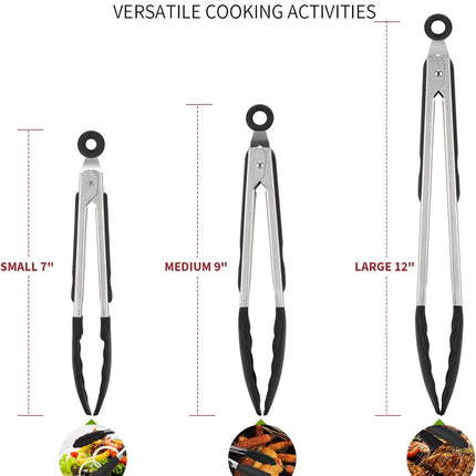 600ºF Heat Resistant 7/9/12 inches Silicone Cooking Tongs with Non Stick Rubber Tips (Black) and 8"+10"+12" Kitchen Tweezer Set: 18/8 Stainless Steel Food-Grade Metal Food Tong (Pointed Tip).