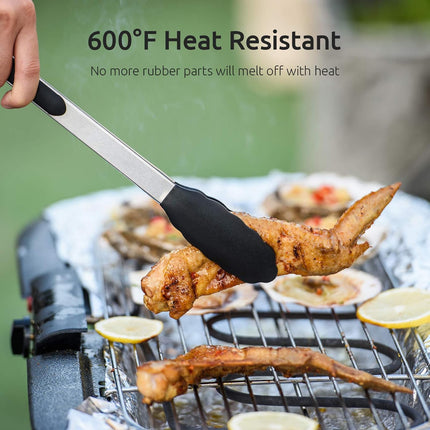 600ºF Heat Resistant 7/9/12 inches Silicone Cooking Tongs with Non Stick Rubber Tips (Black) and 8"+10"+12" Kitchen Tweezer Set: 18/8 Stainless Steel Food-Grade Metal Food Tong (Pointed Tip).