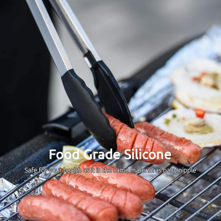 600ºF Heat Resistant 7/9/12 inches Silicone Cooking Tongs with Non Stick Rubber Tips (Black) and 8"+10"+12" Kitchen Tweezer Set: 18/8 Stainless Steel Food-Grade Metal Food Tong (Pointed Tip).