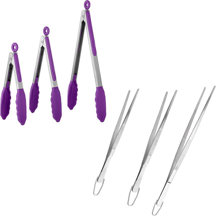 600ºF Heat Resistant 7/9/12 inches Silicone Cooking Tongs with Non Stick Rubber Tips (Purple) and 8"+10"+12" Kitchen Tweezer Set: 18/8 Stainless Steel Food-Grade Metal Food Tong (Pointed Tip).