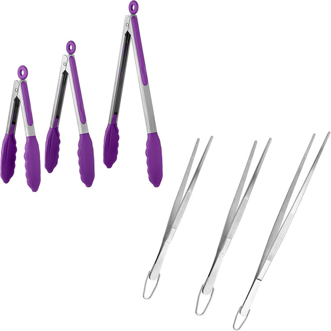 600ºF Heat Resistant 7/9/12 inches Silicone Cooking Tongs with Non Stick Rubber Tips (Purple) and 8"+10"+12" Kitchen Tweezer Set: 18/8 Stainless Steel Food-Grade Metal Food Tong (Pointed Tip).