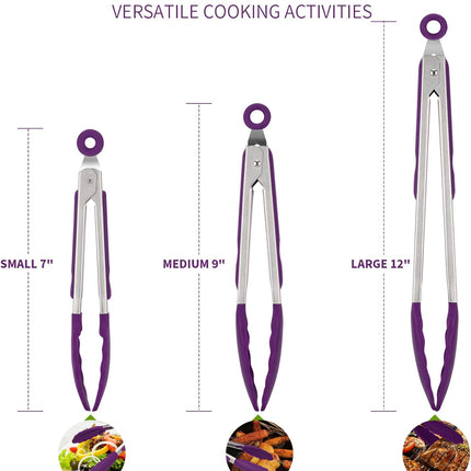 600ºF Heat Resistant 7/9/12 inches Silicone Cooking Tongs with Non Stick Rubber Tips (Purple) and 8"+10"+12" Kitchen Tweezer Set: 18/8 Stainless Steel Food-Grade Metal Food Tong (Pointed Tip).
