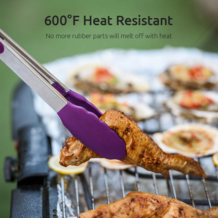600ºF Heat Resistant 7/9/12 inches Silicone Cooking Tongs with Non Stick Rubber Tips (Purple) and 8"+10"+12" Kitchen Tweezer Set: 18/8 Stainless Steel Food-Grade Metal Food Tong (Pointed Tip).