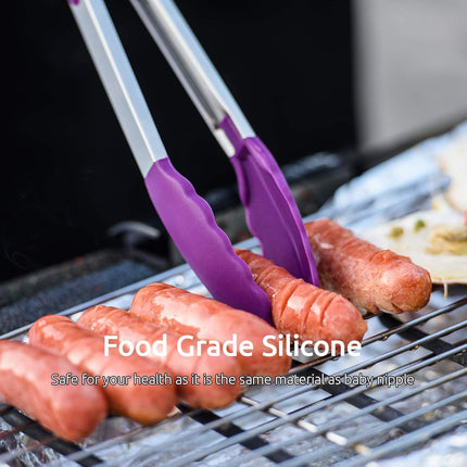 600ºF Heat Resistant 7/9/12 inches Silicone Cooking Tongs with Non Stick Rubber Tips (Purple) and 8"+10"+12" Kitchen Tweezer Set: 18/8 Stainless Steel Food-Grade Metal Food Tong (Pointed Tip).