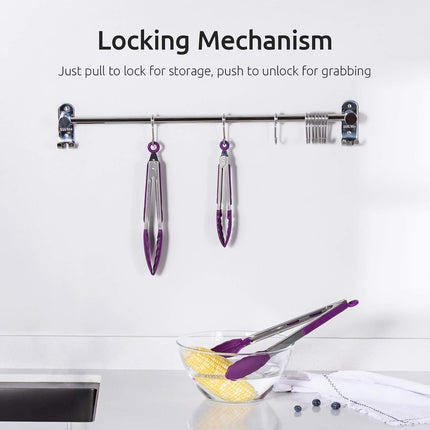 600ºF Heat Resistant 7/9/12 inches Silicone Cooking Tongs with Non Stick Rubber Tips (Purple) and 8"+10"+12" Kitchen Tweezer Set: 18/8 Stainless Steel Food-Grade Metal Food Tong (Pointed Tip).