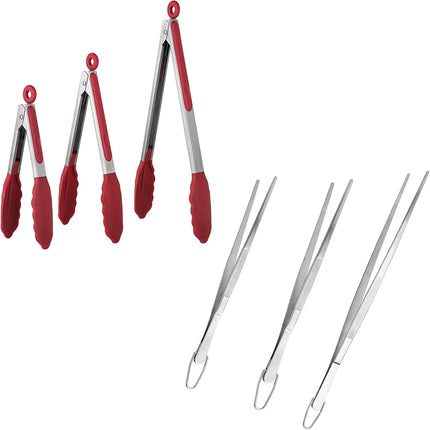 600ºF Heat Resistant 7/9/12 inches Silicone Cooking Tongs with Non Stick Rubber Tips (Red) and 8"+10"+12" Kitchen Tweezer Set: 18/8 Stainless Steel Food-Grade Metal Food Tong (Pointed Tip).