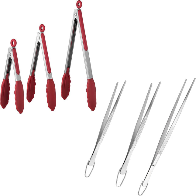 600ºF Heat Resistant 7/9/12 inches Silicone Cooking Tongs with Non Stick Rubber Tips (Red) and 8"+10"+12" Kitchen Tweezer Set: 18/8 Stainless Steel Food-Grade Metal Food Tong (Pointed Tip).