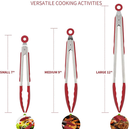 600ºF Heat Resistant 7/9/12 inches Silicone Cooking Tongs with Non Stick Rubber Tips (Red) and 8"+10"+12" Kitchen Tweezer Set: 18/8 Stainless Steel Food-Grade Metal Food Tong (Pointed Tip).