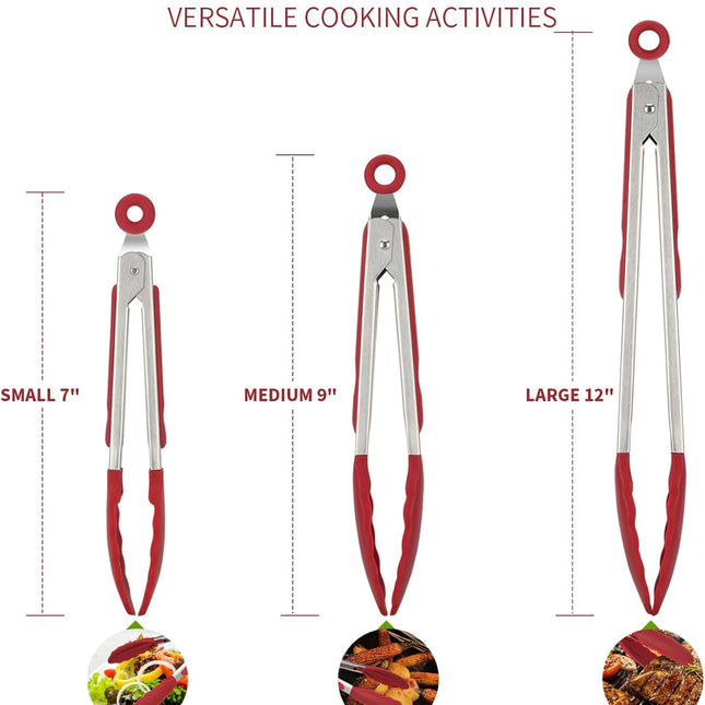 600ºF Heat Resistant 7/9/12 inches Silicone Cooking Tongs with Non Stick Rubber Tips (Red) and 8"+10"+12" Kitchen Tweezer Set: 18/8 Stainless Steel Food-Grade Metal Food Tong (Pointed Tip).