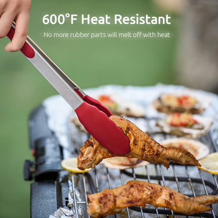 600ºF Heat Resistant 7/9/12 inches Silicone Cooking Tongs with Non Stick Rubber Tips (Red) and 8"+10"+12" Kitchen Tweezer Set: 18/8 Stainless Steel Food-Grade Metal Food Tong (Pointed Tip).