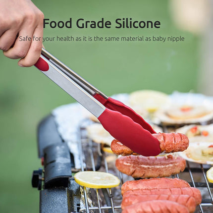 600ºF Heat Resistant 7/9/12 inches Silicone Cooking Tongs with Non Stick Rubber Tips (Red) and 8"+10"+12" Kitchen Tweezer Set: 18/8 Stainless Steel Food-Grade Metal Food Tong (Pointed Tip).