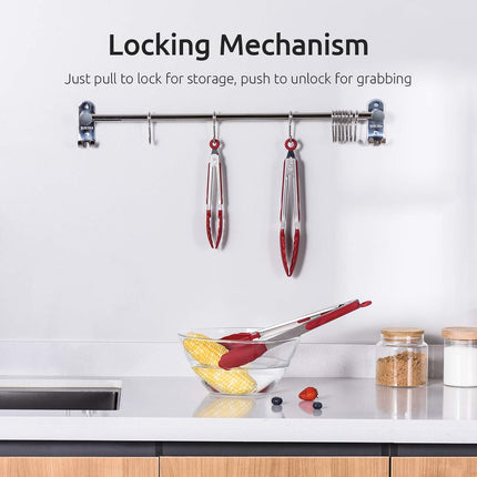 600ºF Heat Resistant 7/9/12 inches Silicone Cooking Tongs with Non Stick Rubber Tips (Red) and 8"+10"+12" Kitchen Tweezer Set: 18/8 Stainless Steel Food-Grade Metal Food Tong (Pointed Tip).