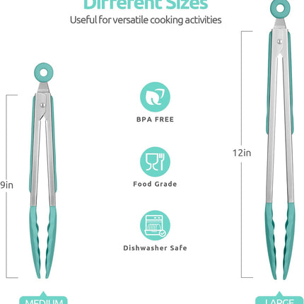 600ºF Heat Resistant 9+12 in Silicone Cooking Tongs with Non Stick Rubber Tips (Aqua Sky) and 12" Kitchen Tweezer Set: 18/8 Stainless Steel Food-Grade Metal Food Tong (Round & Pointed Tip).