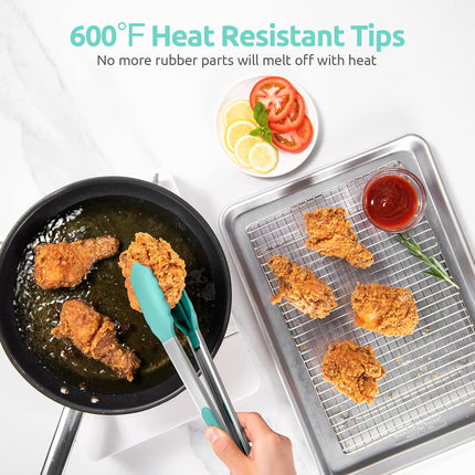 600ºF Heat Resistant 9+12 in Silicone Cooking Tongs with Non Stick Rubber Tips (Aqua Sky) and 12" Kitchen Tweezer Set: 18/8 Stainless Steel Food-Grade Metal Food Tong (Round & Pointed Tip).