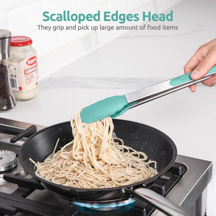 600ºF Heat Resistant 9+12 in Silicone Cooking Tongs with Non Stick Rubber Tips (Aqua Sky) and 12" Kitchen Tweezer Set: 18/8 Stainless Steel Food-Grade Metal Food Tong (Round & Pointed Tip).
