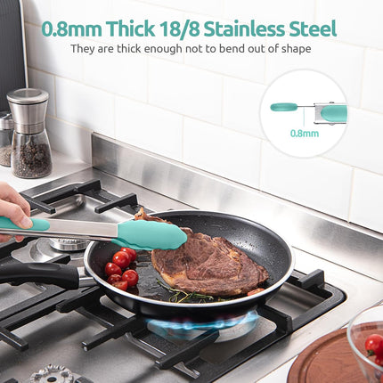 600ºF Heat Resistant 9+12 in Silicone Cooking Tongs with Non Stick Rubber Tips (Aqua Sky) and 12" Kitchen Tweezer Set: 18/8 Stainless Steel Food-Grade Metal Food Tong (Round & Pointed Tip).