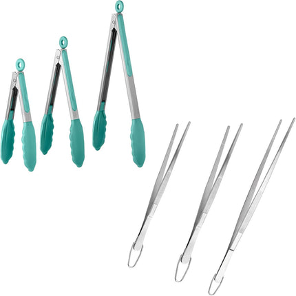 600ºF Heat Resistant 7/9/12 inches Silicone Cooking Tongs with Non Stick Rubber Tips (Aqua Sky) and 8"+10"+12" Kitchen Tweezer Set:18/8 Stainless Steel Food-Grade Metal Food Tong (Pointed Tip).