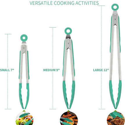 600ºF Heat Resistant 7/9/12 inches Silicone Cooking Tongs with Non Stick Rubber Tips (Aqua Sky) and 8"+10"+12" Kitchen Tweezer Set:18/8 Stainless Steel Food-Grade Metal Food Tong (Pointed Tip).