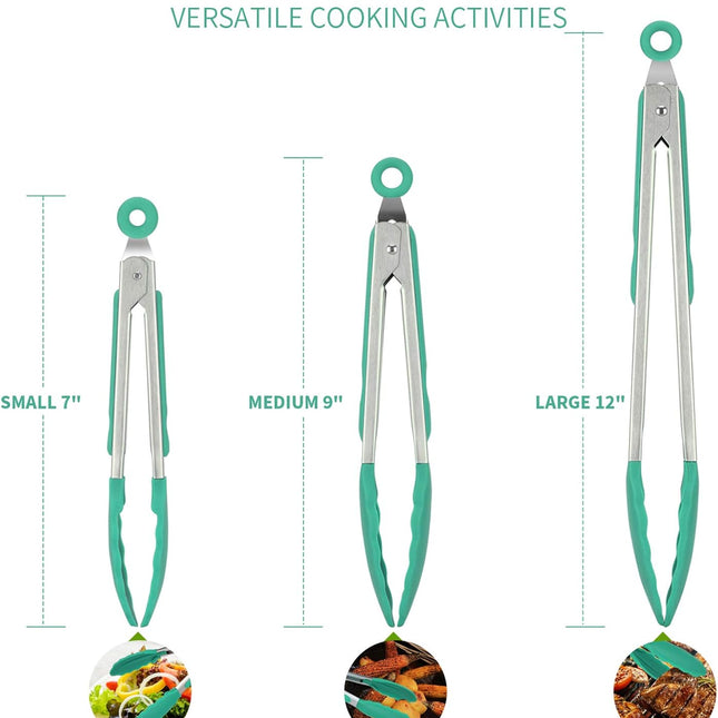 600ºF Heat Resistant 7/9/12 inches Silicone Cooking Tongs with Non Stick Rubber Tips (Aqua Sky) and 8"+10"+12" Kitchen Tweezer Set:18/8 Stainless Steel Food-Grade Metal Food Tong (Pointed Tip).
