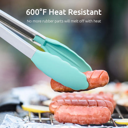 600ºF Heat Resistant 7/9/12 inches Silicone Cooking Tongs with Non Stick Rubber Tips (Aqua Sky) and 8"+10"+12" Kitchen Tweezer Set:18/8 Stainless Steel Food-Grade Metal Food Tong (Pointed Tip).