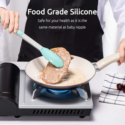 600ºF Heat Resistant 7/9/12 inches Silicone Cooking Tongs with Non Stick Rubber Tips (Aqua Sky) and 8"+10"+12" Kitchen Tweezer Set:18/8 Stainless Steel Food-Grade Metal Food Tong (Pointed Tip).