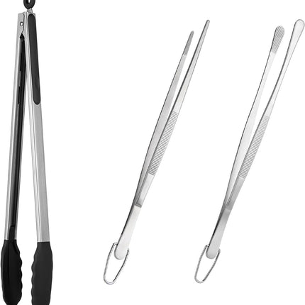 600ºF Heat Resistant 16in Silicone Cooking Tongs with Non Stick Rubber Tips (Black) and 12" Kitchen Tweezer Set: 18/8 Stainless Steel Food-Grade Metal Food Tong (Round & Pointed Tip).