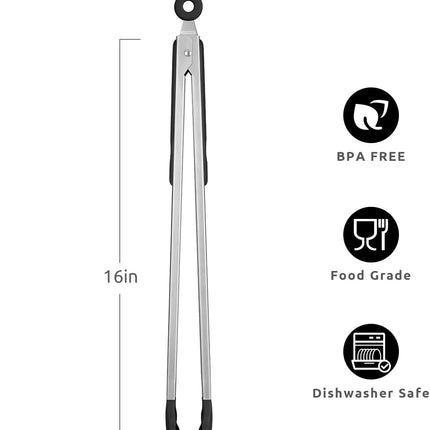 600ºF Heat Resistant 16in Silicone Cooking Tongs with Non Stick Rubber Tips (Black) and 12" Kitchen Tweezer Set: 18/8 Stainless Steel Food-Grade Metal Food Tong (Round & Pointed Tip).