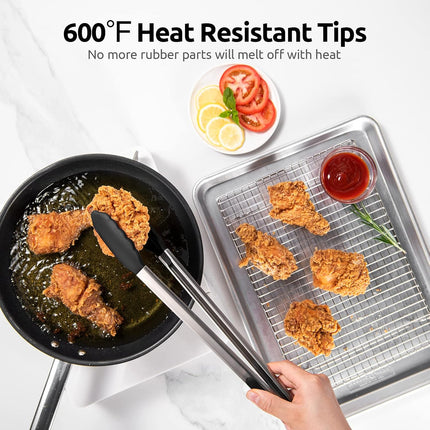 600ºF Heat Resistant 16in Silicone Cooking Tongs with Non Stick Rubber Tips (Black) and 12" Kitchen Tweezer Set: 18/8 Stainless Steel Food-Grade Metal Food Tong (Round & Pointed Tip).